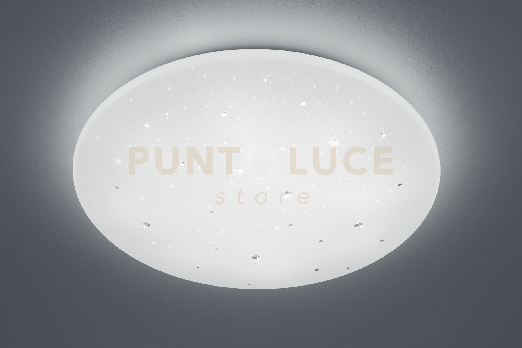 foto del prodotto achat plafoniera led con applicazioni cristalli diffusore effetto cielo stellato con telecomando funzione luce calda fredda, dimmer e luce notturna ip44 d.60cm 3000 5500k 4000lm 40w dimmerabile