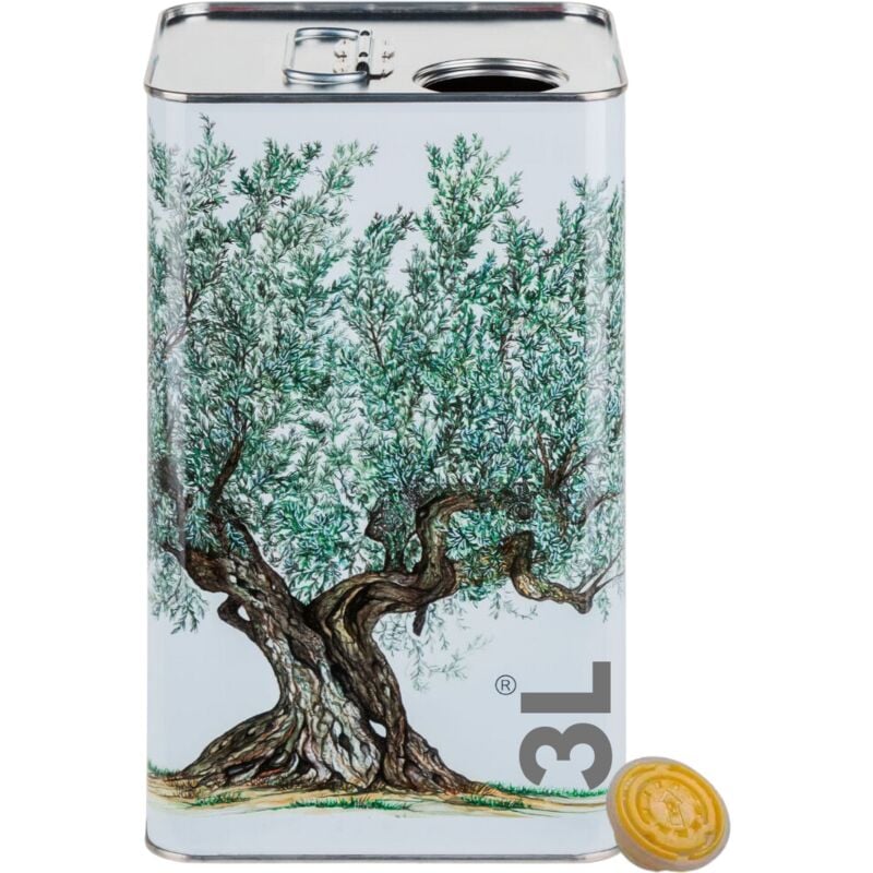 foto del prodotto acquaverde 1 lattina per olio di oliva, bianca con serigrafia albero di ulivo, in metallo, contenitore alimentare, latta da 3 litri con tappo
