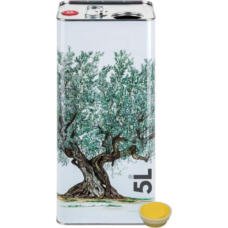 foto del prodotto acquaverde 1 lattina per olio di oliva, latta bianca con albero, in metallo, contenitore alimentare da 5 litri con doppio tappo e maniglia
