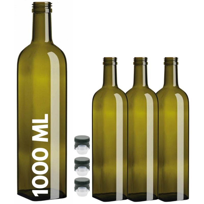 foto del prodotto acquaverde 3 bottiglie marasca in vetro scuro uvag, bottiglia quadra per olio e liquore, 1000 ml con tappo dosatore
