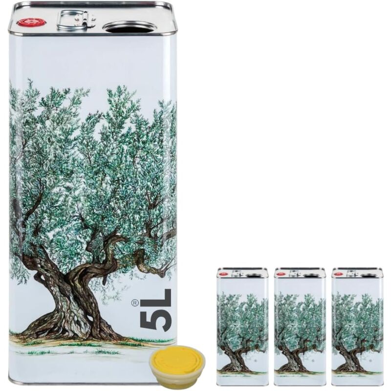 foto del prodotto acquaverde 3 lattine per olio di oliva, latta bianca con albero, in metallo, contenitore alimentare da 5 litri con doppio tappo e maniglia