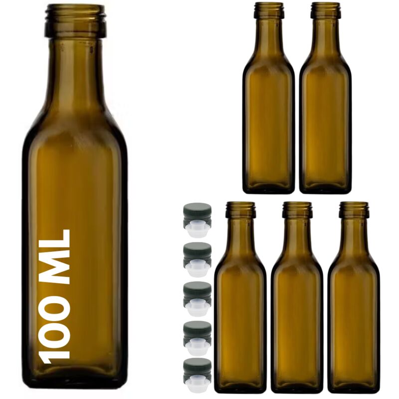 foto del prodotto acquaverde 5 bottiglie marasca in vetro scuro uvag, bottiglia per campioncini di olio e liquori da 100 ml con tappo dosatore
