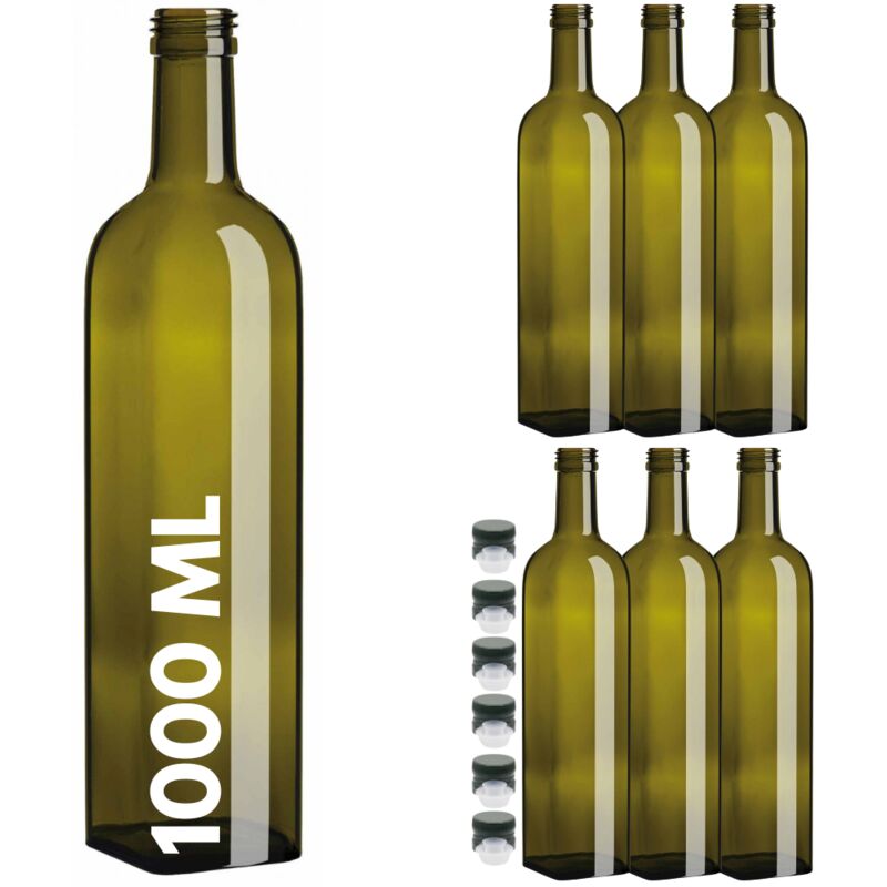 foto del prodotto acquaverde 6 bottiglie marasca in vetro scuro uvag, bottiglia quadra per olio e liquore, 1000 ml con tappo dosatore