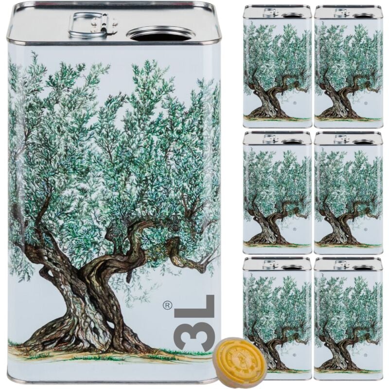 foto del prodotto acquaverde 6 lattina per olio di oliva, bianca con serigrafia albero di ulivo, in metallo, contenitore alimentare, latta da 3 litri con tappo