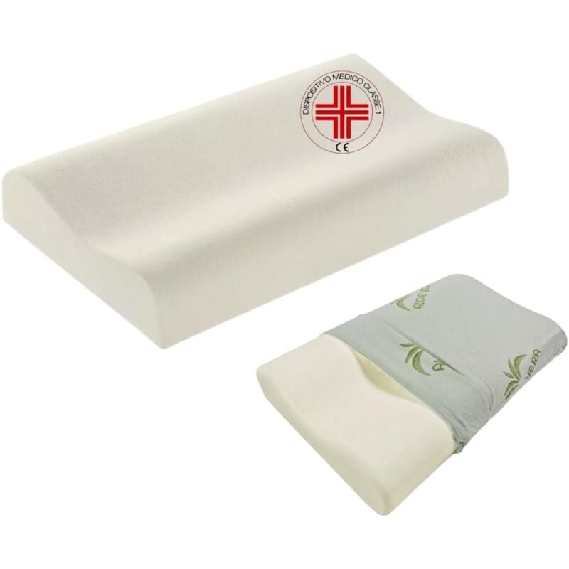 foto del prodotto acquaverde cuscino ortopedico per cervicale con memory foam a doppia onda, cm 67x42x12 h, fodera aloe vera e cotone, guanciale ergonomico, cuscino