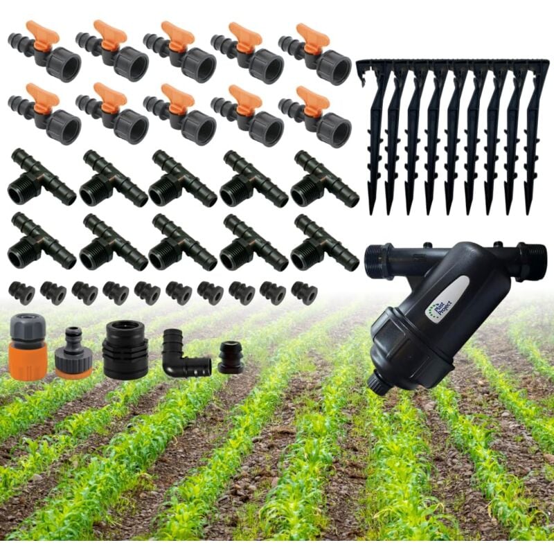 foto del prodotto acquaverde kit di 46 raccordi per espansione sistemi di irrigazione a goccia da 100 mq e 10 file, filtro da 1 , per orto, giardino, piante