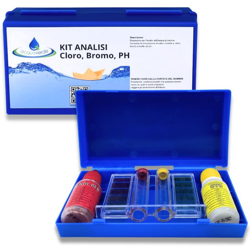 foto del prodotto acquaverde kit di analisi per acqua di piscina, test del ph, cloro e bromo set completo di provette, scala colorimetrica e reagenti in pratico