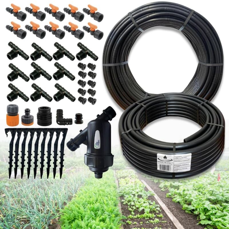 foto del prodotto acquaverde kit irrigazione a goccia orto da 100 mq con ala gocciolante 2 l h passo 60 cm, impianto completo di raccordi e filtro, sistema irriguo