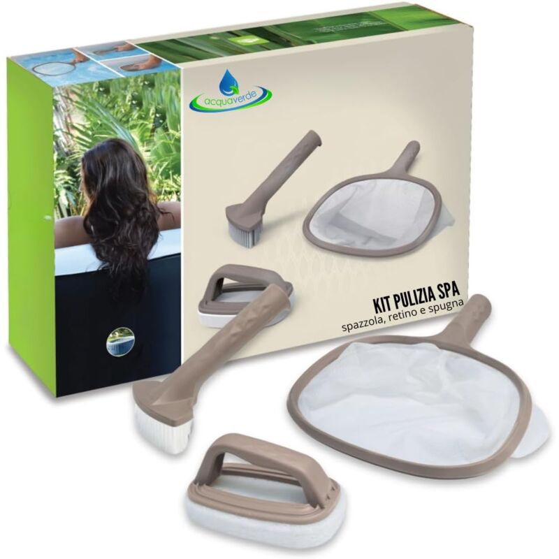 foto del prodotto acquaverde kit pulizia spa e idromassaggio con retino, spazzola e spugna scrubber set universale per piscine, vasche idromassaggio