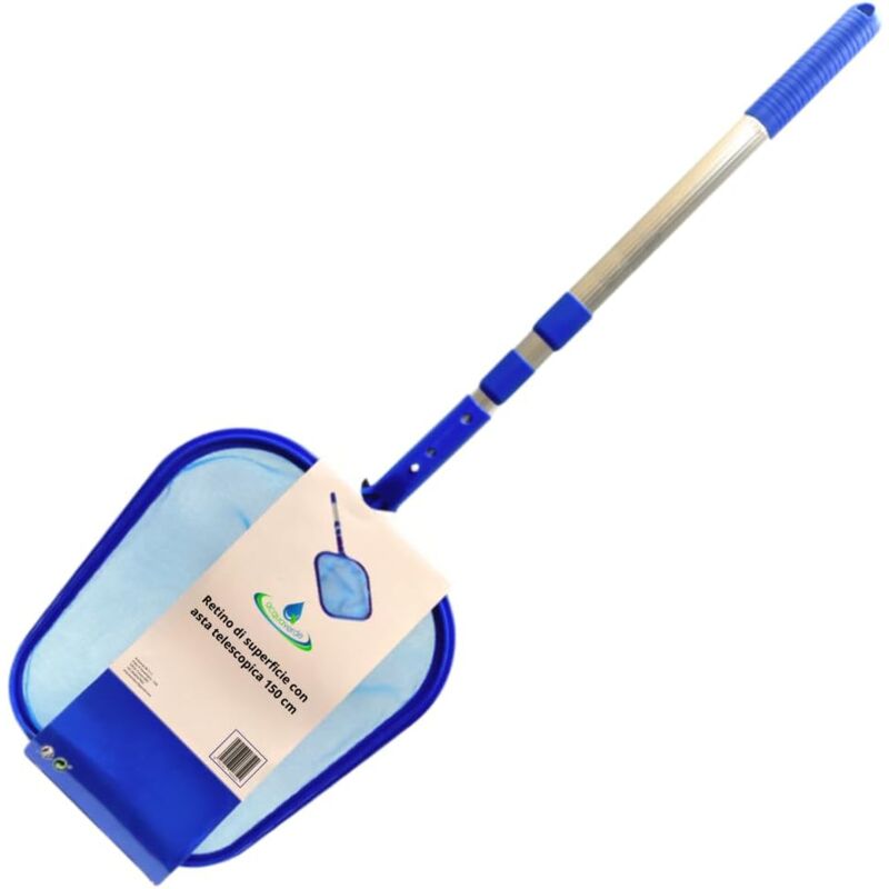 foto del prodotto acquaverde retino di superficie per la raccolta di foglie, insetti e detriti dalla piscina con asta telescopica in alluminio cm. 150, blu