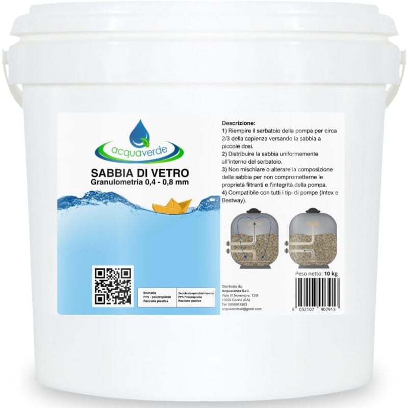 foto del prodotto acquaverde sabbia di vetro filtrante, granulometria 0.4 0.8 mm, secchio da 10 kg, compatibile con filtro a sabbia per piscine bestway o intex