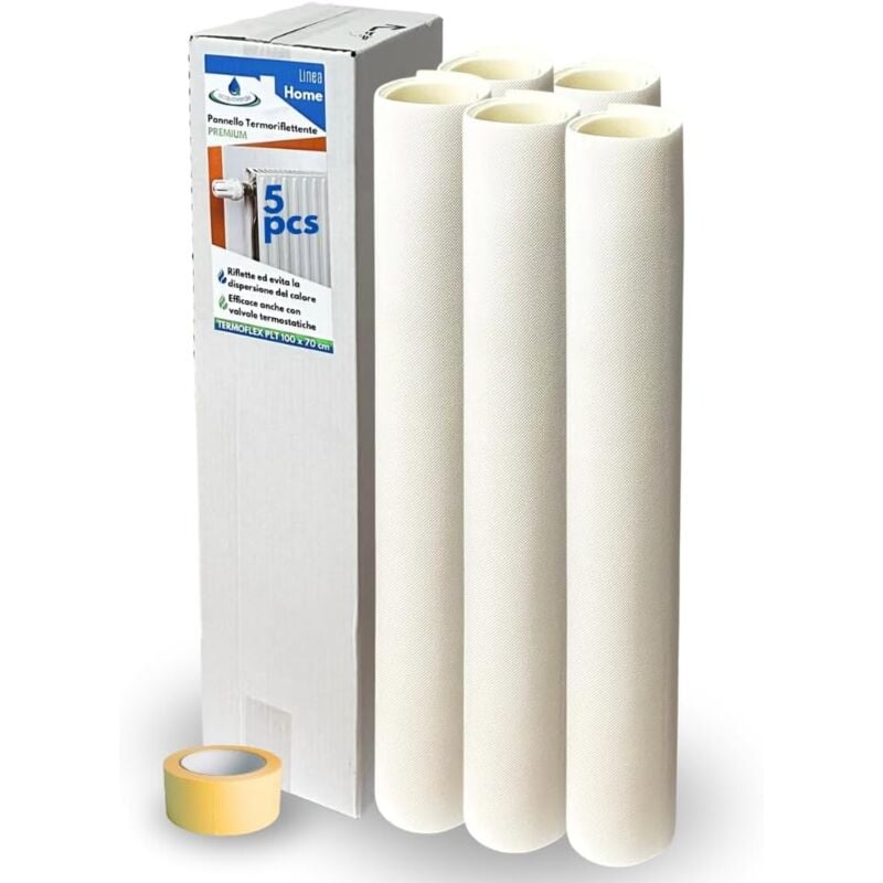 foto del prodotto acquaverde set 5 pannelli termoriflettente per termisifoni e caloriferi in plt goffrato e alluminizzato, cm. 70x100, bianco con biadesivo incluso