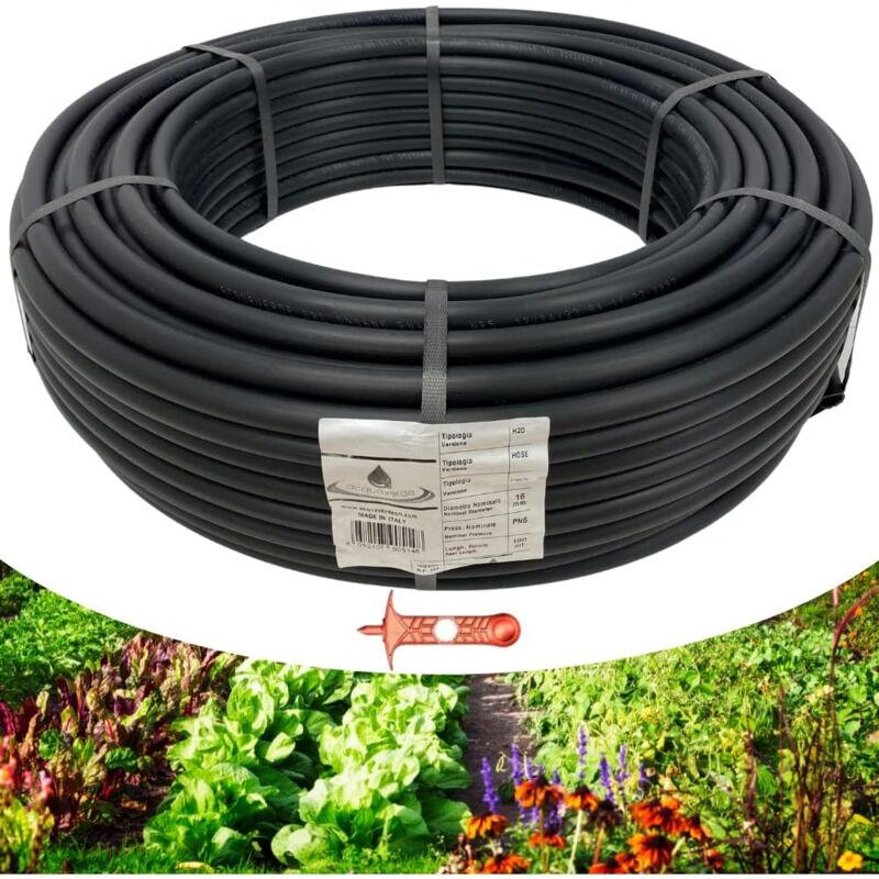 foto del prodotto acquaverde tubo in polietilene 16 mm. pn6 pe bd, per irrigazione campi, orto e giardino bobina da 100 metri con fustella fora tubo inclusa orto
