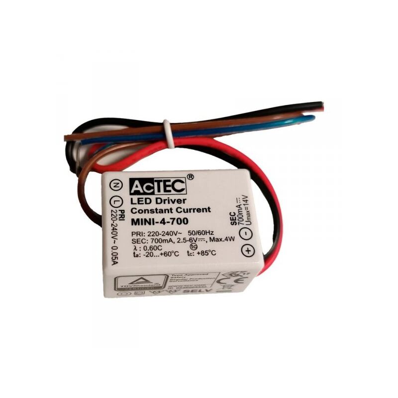 foto del prodotto actec mini led driver ip65 corrente costante 700ma 2,5v 6vdc 4w 48x38x21mm