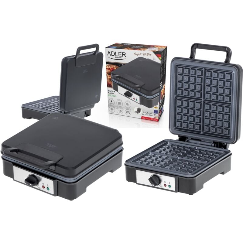 foto del prodotto ad3049 waffle maker professionale per 4 waffle belgi spessi, antiaderente, controllo della temperatura, waffle maker nero, 1800w - adler