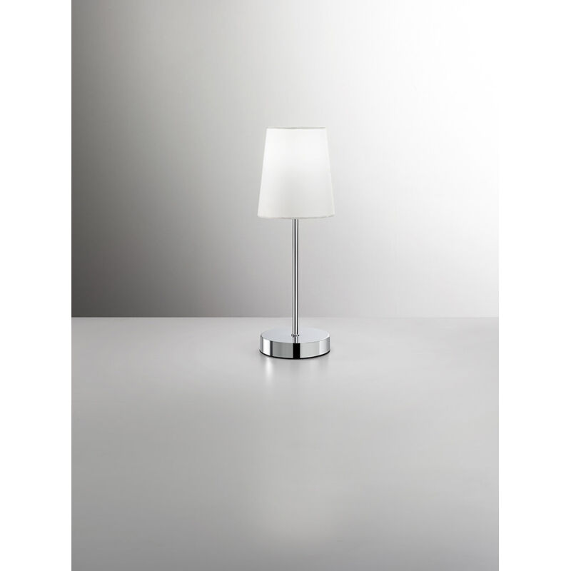 foto del prodotto adam lumetto in metallo cromo lucido paralume tessuto bianco attacco e14