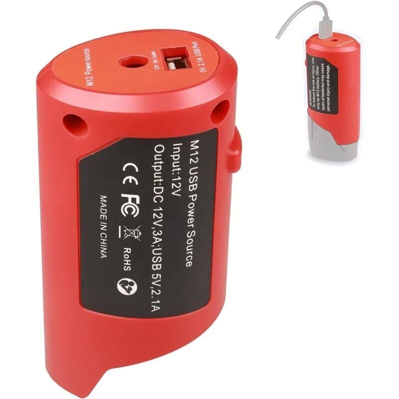 foto del prodotto adaptateur d alimentation usb m12 pour batterie milwaukee m12 12 v avec port usb 2,1 a et prise dc 12 v, adaptateur de charge de p riph rique usb