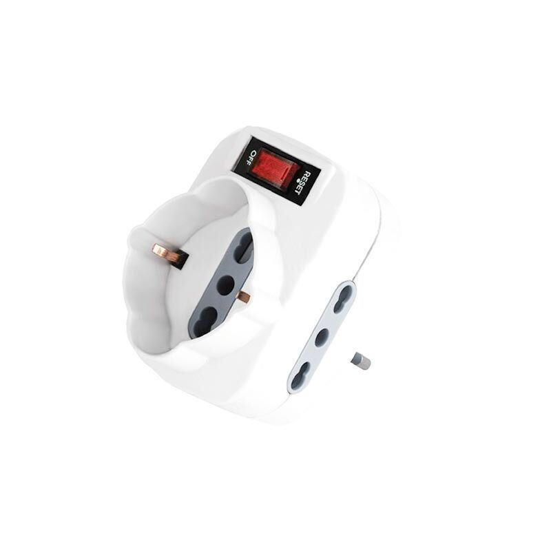 foto del prodotto adapttatore rotante , spina 10a 2 prese 2p t 10 16a bipasso 1 presa bipasso schuko con protezione de sovraccarico