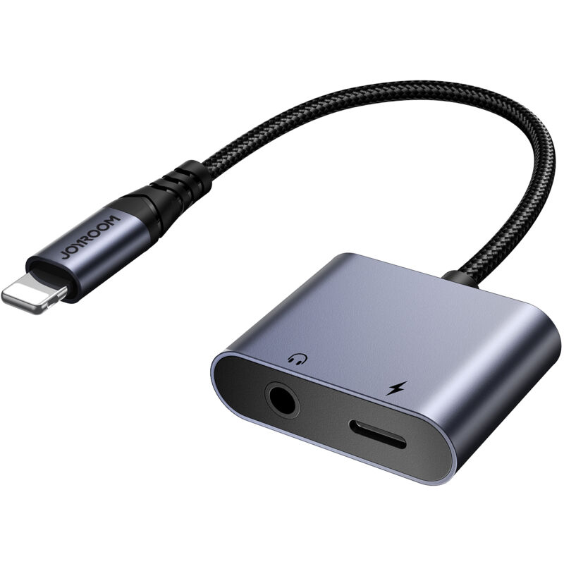 foto del prodotto adattatore adattatore 2in1 per caricabatterie iphone cuffie lightning mini jack da 3,5 mm nero