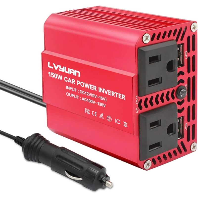 foto del prodotto adattatore caricabatteria per auto ca da 12v a 110v ca inverter da 150 w con adattatore per auto doppio usb 3.1a per spina e presa rosso