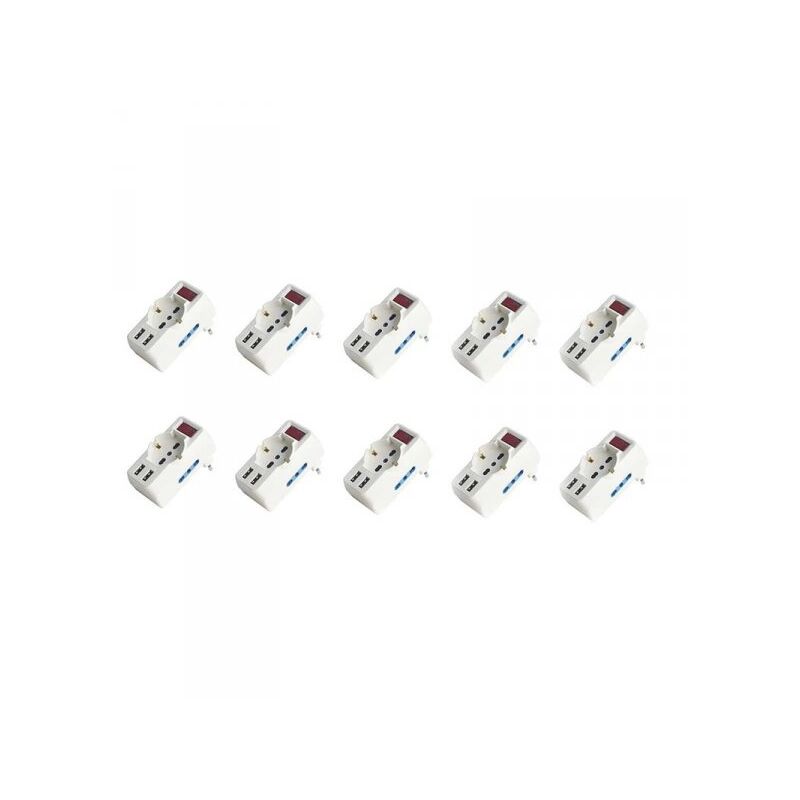 foto del prodotto adattatore con interruttore spina 10a con 2 prese bipasso 10a 16a 1 presa universale e 2 usb a 5v 3a 250v max 1500w