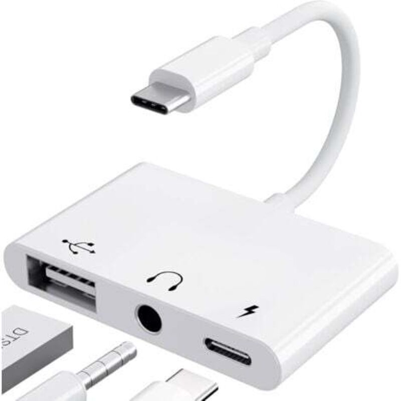 foto del prodotto adattatore da usb c a jack da 3,5 mm con ricarica rapida otg, splitter audio per auricolari da tipo c ad aux bianco lablanc