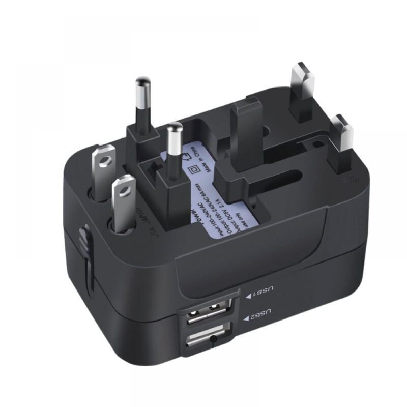 foto del prodotto adattatore da viaggio, adattatore da viaggio universale, caricabatteria da muro, adattatore per spina ca, con due porte di ricarica usb, adatto per