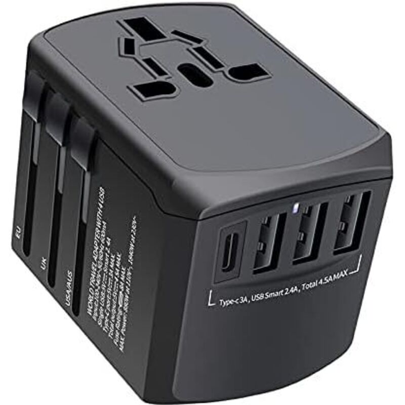 foto del prodotto adattatore da viaggio internazionale, caricabatterie da viaggio mondiale con 4 porte usb, convertitori di potenza per ue, regno unito, stati uniti, australia, europa e asia, adattatore di alimentazion
