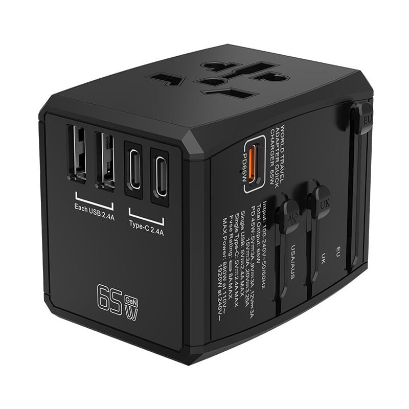 foto del prodotto adattatore da viaggio presa elettrica universale 65 w 2 usb 3 type c ricarica nero caricatore internazionale veloce in tutto il mondo per regno