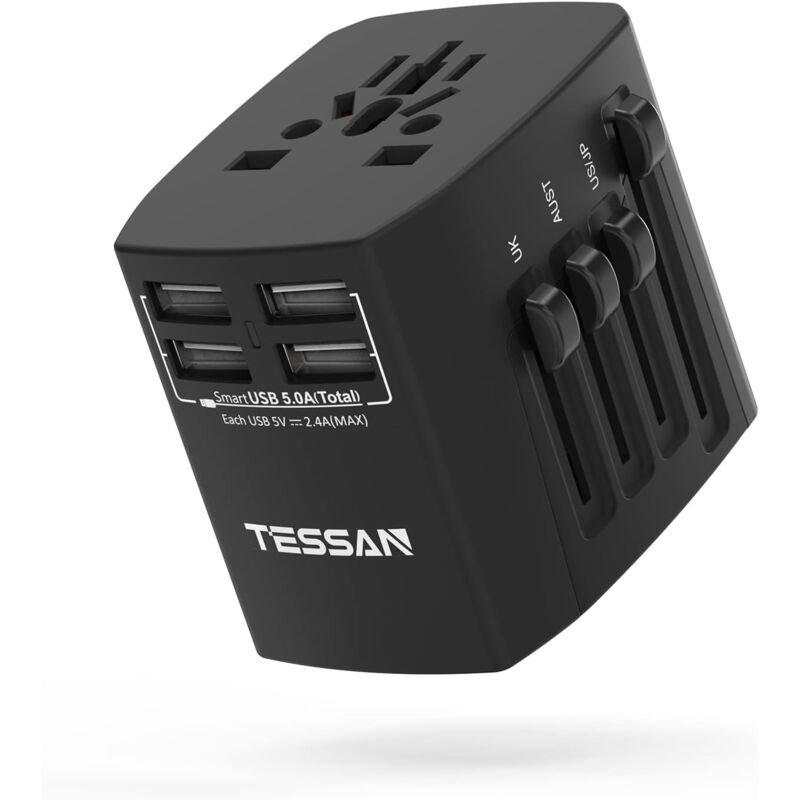 foto del prodotto adattatore da viaggio universale in un unico pezzo, presa universale internazionale con 4 usb, caricatore usb 5 in 1 per stati uniti, regno unito,