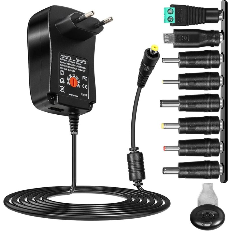foto del prodotto adattatore di alimentazione universale, adattatore di alimentazione universale regolabile da 30 w ca a cc 12 v 9 v 7,5 v 6 v 5 v 4,5 v 3 v,