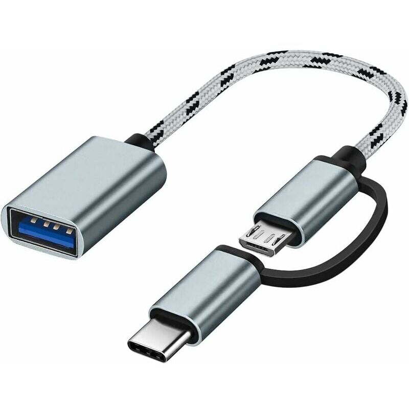 foto del prodotto adattatore grigio usb c micro usb a usb, convertitore da micro usb usb c a usb 3.0, cavo adattatore otg compatibile con macbook, telefoni android,