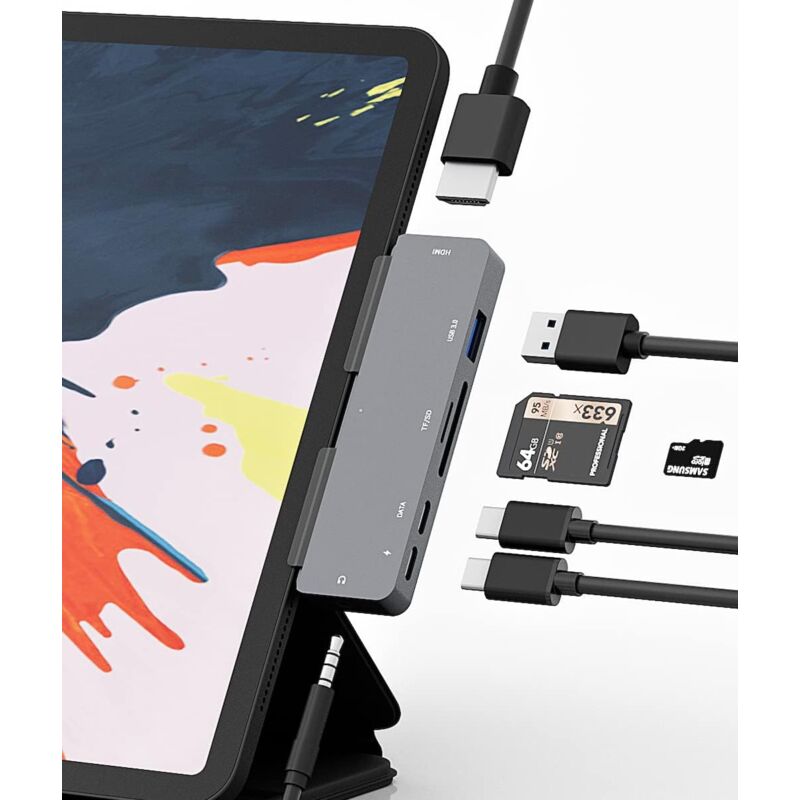 foto del prodotto adattatore hub usb c 7 in 1 per ipad pro, macbook pro e altro docking station multiporta usb c definitiva con hdmi 4k, pd da 60 w, usb 3.0, lettore