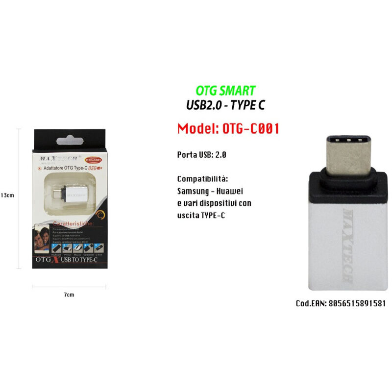 foto del prodotto adattatore otg usb 2.0 per smartphone dispositivi uscita type-c otg-c001 - - maxtech