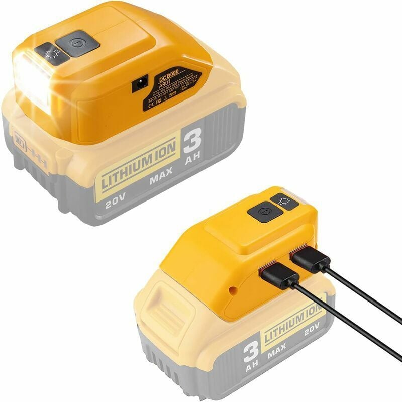 foto del prodotto adattatore per batteria agli ioni di litio dewalt da 14,4 v 18 v 20 v, connettore cc, luce di lavoro a led e caricabatterie usb doppio, fonte di