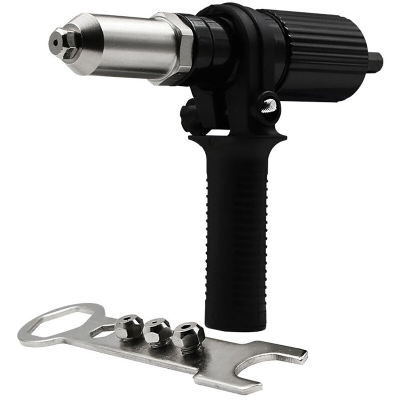foto del prodotto adattatore per rivettatrice, kit adattatore per pistola rivettatrice per trapano elettrico a batteria, strumento di rivettatura per pistola