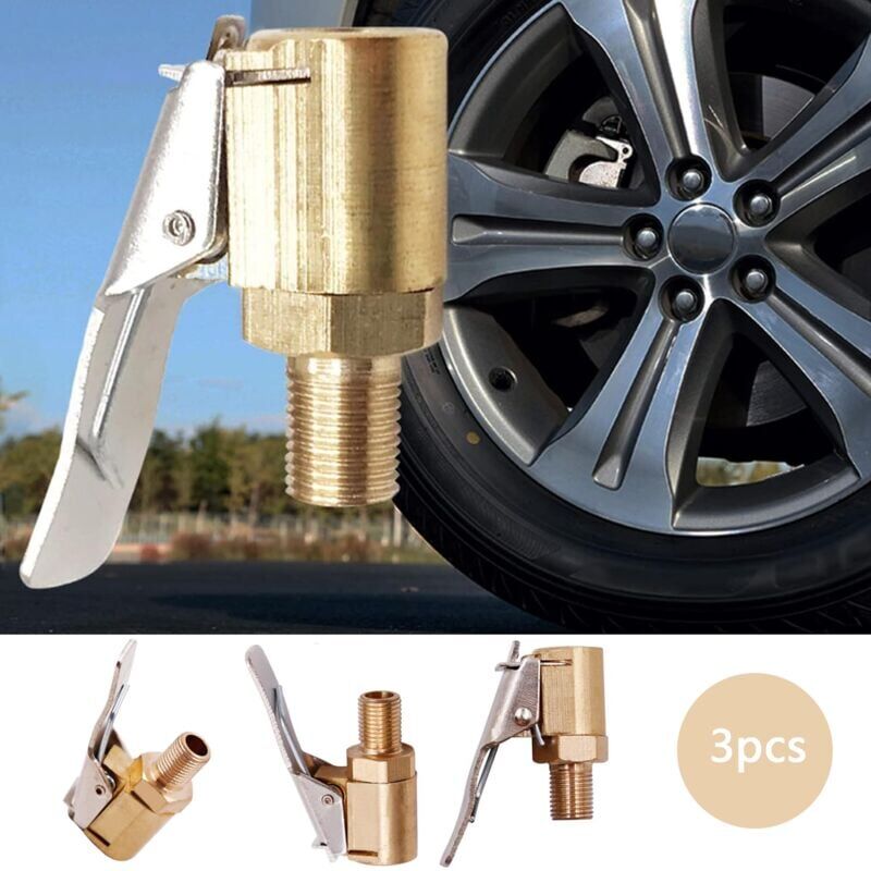 foto del prodotto adattatore per valvola per pneumatici per auto da 3 pezzi, adattatore per morsetto per valvola di gonfiaggio della pompa con ugello in ottone da 8 mm