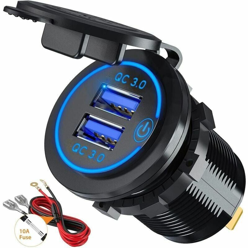 foto del prodotto adattatore presa caricabatteria rapido per auto usb quick charge 3.0 con interruttore 12v 24v 30w doppio usb qc3.0 per marina, barca, moto, camion