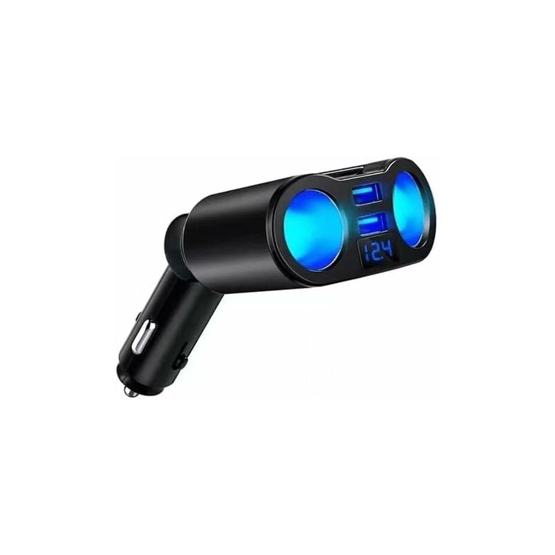foto del prodotto adattatore splitter per accendisigari, caricabatteria da auto doppio usb, 2 prese 12v 24v con voltmetro a led per cellulare, tablet, gps, dash cam