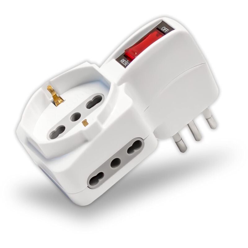 foto del prodotto adattatore tripla presa elettrica 3 posti con interruttore - 2 prese laterali 10 16a bipasso e una frontale 10 16a bipasso schuko - multipresa