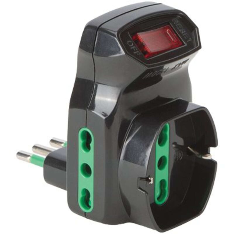 foto del prodotto adattatore triplo 10a 16a schuko fme nero 2p t interruttore termico 1 pezzo