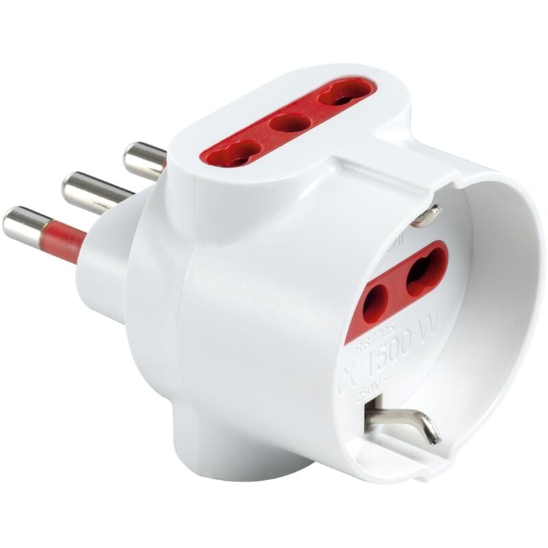 foto del prodotto adattatore triplo da spina 16a a 2 prese bipasso 10a 16a e 1 presa schuko 16a, bianco, serie emilia specialist rosi rs7705b