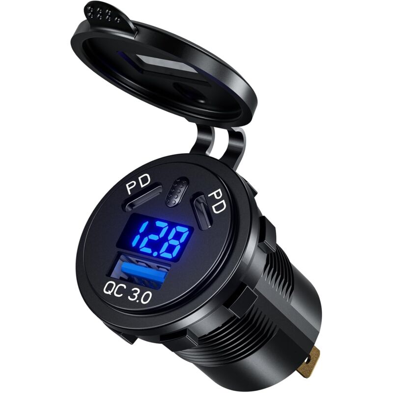 foto del prodotto adattatore usb doppio per veicolo 108 w pd3.0 12v, doppia presa usb per moto 45 w pd tipo c e 18 w qc3.0 con interruttore on off e voltmetro,