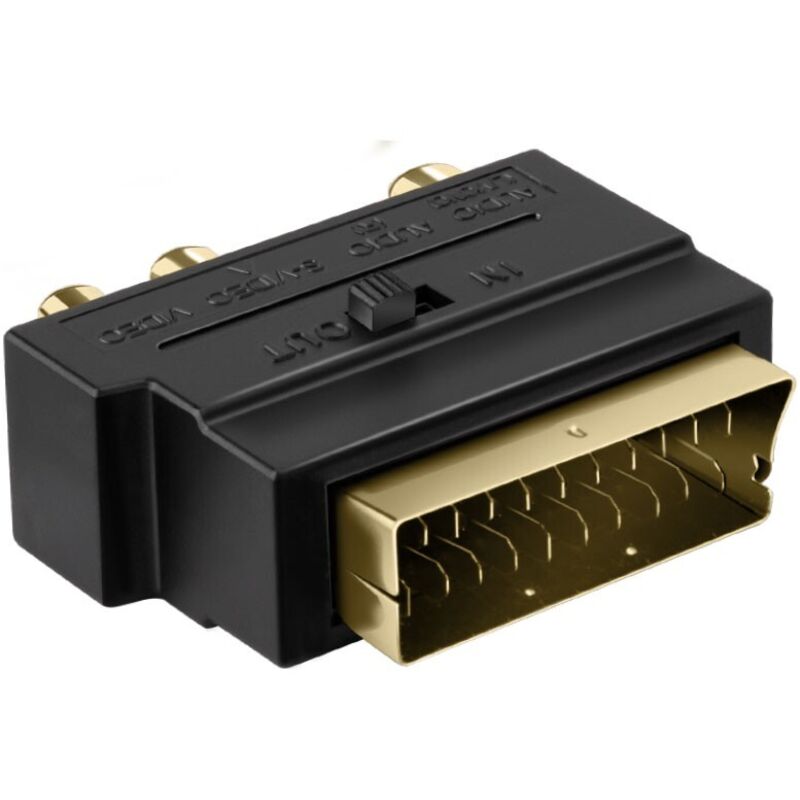 foto del prodotto adattatore video scart 21 pin maschio a 3 rca femmina nero