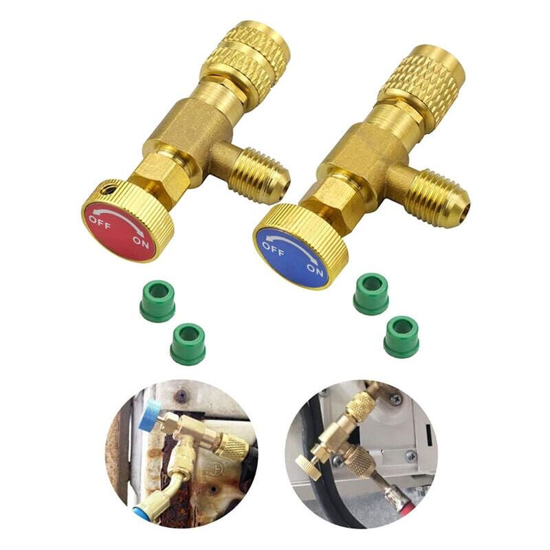 foto del prodotto adattatori per la ricarica del refrigerante, valvola di sicurezza, attacco rapido per condizionatore d'aria r410a r22 per sae da 1/4' maschio a sae da 1/4' femmina