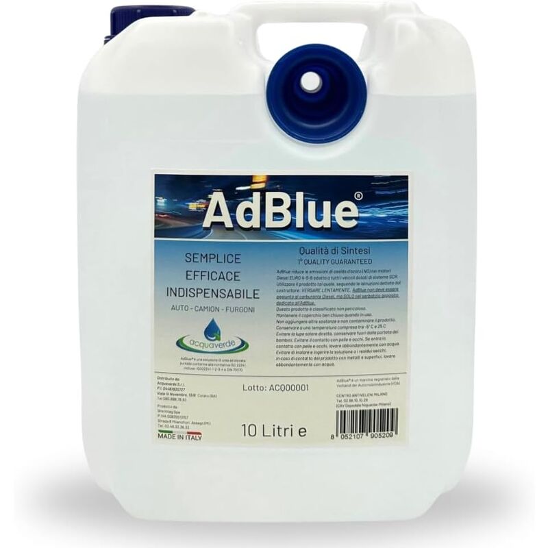 foto del prodotto adblue, additivo per gas di scarico motori diesel, in tanica da 10 litri con tubo travasatore, conforme iso 22241, compatibile con sistema scr made