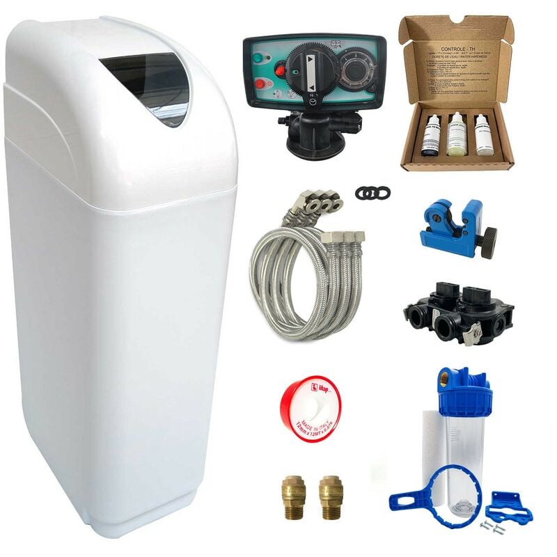 foto del prodotto addolcitore acqua 14l fleck 5600 mv volumetrico meccanico completo di kit di installazione fatto in francia
