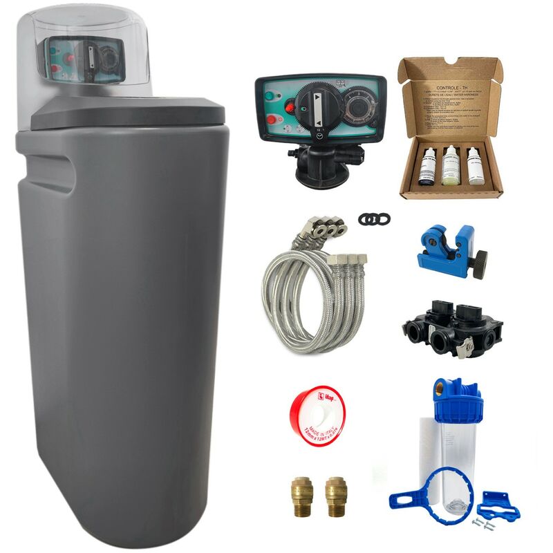 foto del prodotto addolcitore acqua 25l fleck 5600 mv volumetrico meccanico completo di kit di installazione fatto in francia