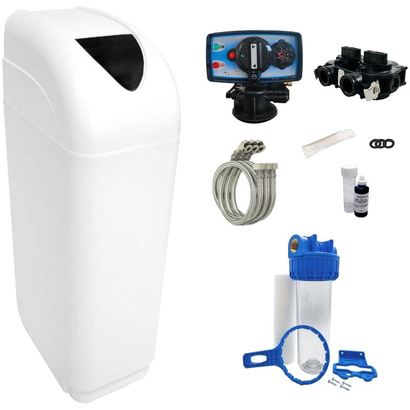foto del prodotto addolcitore acqua 30l fleck 5600 mc cronometrico meccanico completo di kit di installazione fatto in francia