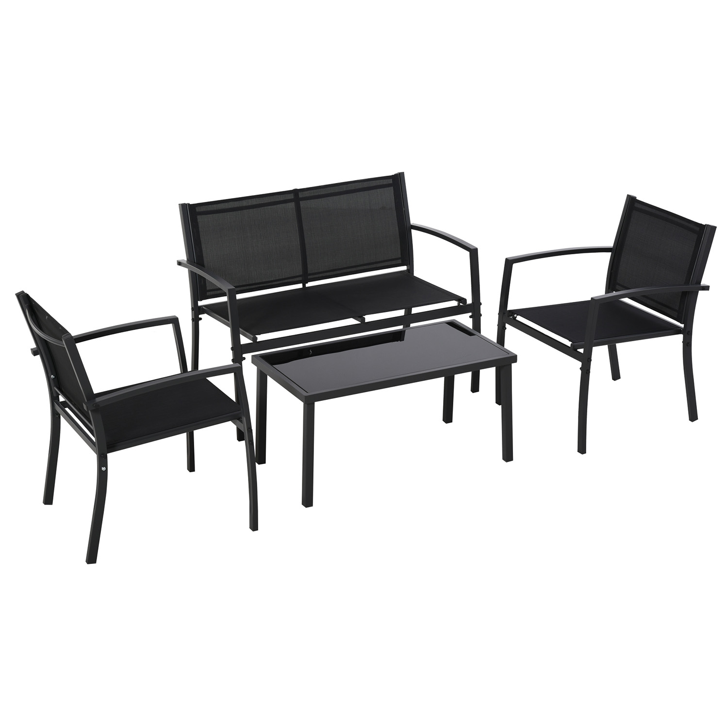 foto del prodotto adelaide salottino da giardino di design con divanetto 2 poltrone tavolino da caff con ripiano in vetro. set lounge da esterno 4 pezzi in metallo e textilene. nero